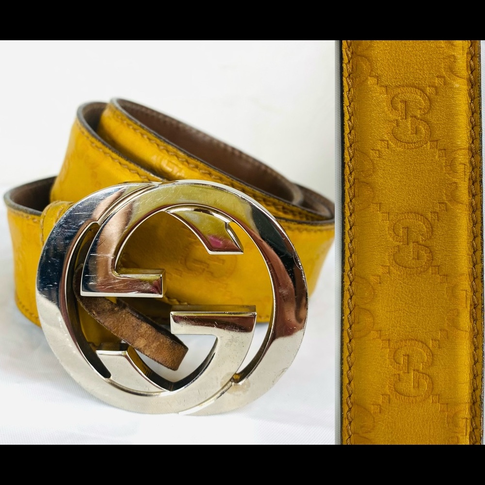 ❤️SOLD❤️ Auth GUCCI Double GG Logo Silver Buckle Leather Embossed Logo Belt